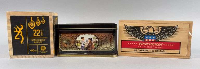 Winchester WWII Mini Wood Ammo Box,  Browning Wood Ammo Box & Winchester Super X .22 LR High Velocity In Winchester Collector Tin, 500 Count image
