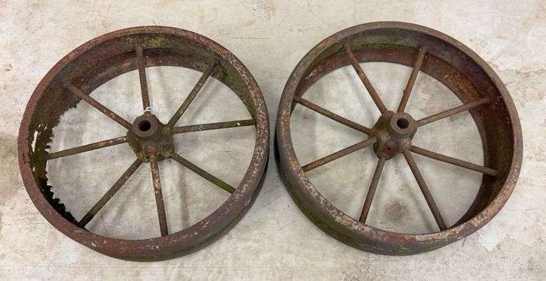Pair of wide rim steel wheels. Some damage. image