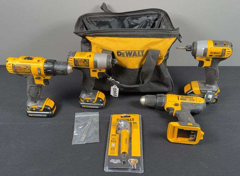 (2) DeWalt Impacts, (2) DeWalt Drills, Right Angle Attachment, & Lithium Ion Batteries image