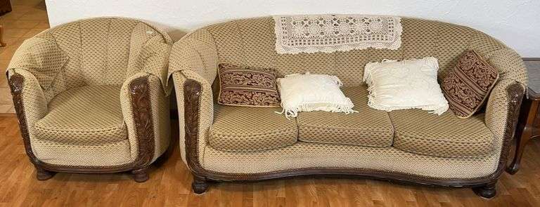 Antique Upholstered Wood Finished Sofa & Matching Chair image