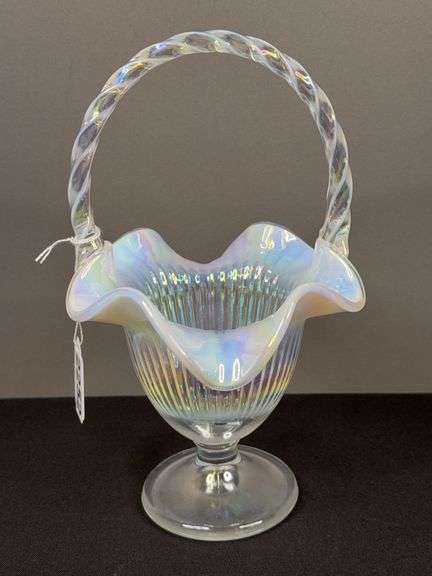 Fenton Glass White Iridescent Basket image