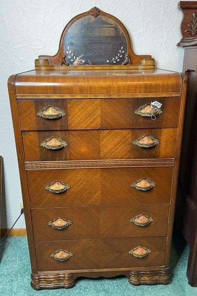 Art Deco WaterFall Style Dresser & Vanity With Large Round Mirror With Chair image