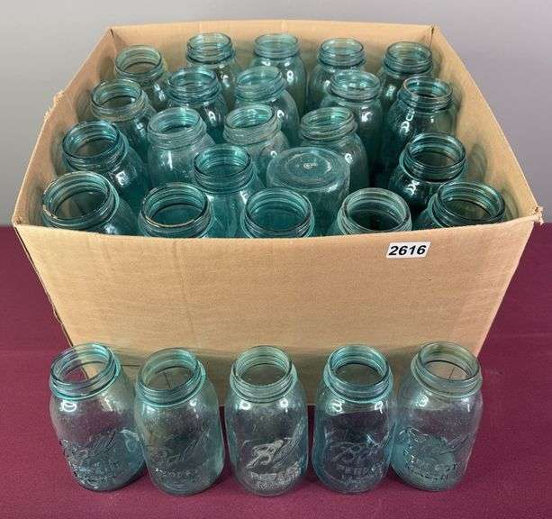 Large Box Full of Quart Size Blue Glass “Ball Perfect Mason” Jars image