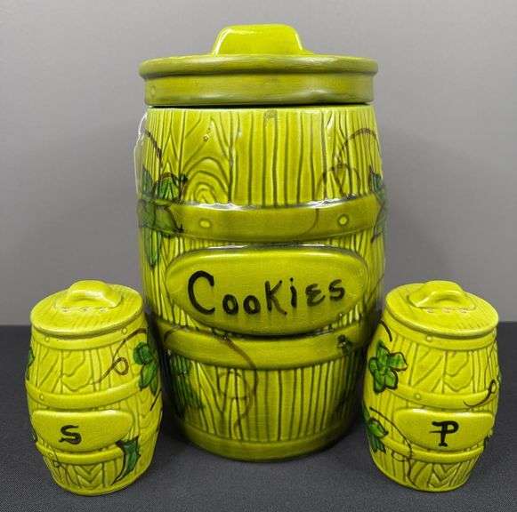 USA Green Barrel Cookie Jar and Salt & Pepper Shakers image