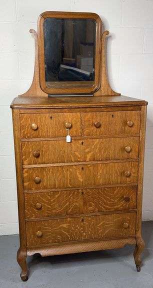 Antique American Late Victorian Tiger Oak High Boy Dresser With Mirror image