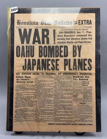 Honolulu Star Bulletin First Extra War! Oahu Bombed by Japanese Planes Newspaper Front Page December 7 1941 image