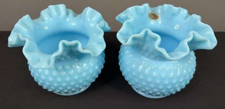 Pair of Fenton Blue Turquoise Hobnail Ruffle Topped Vases image