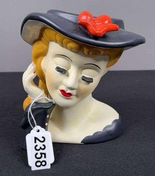 Vintage Nippon Blonde Hair Black Hat Lady Head Vase image