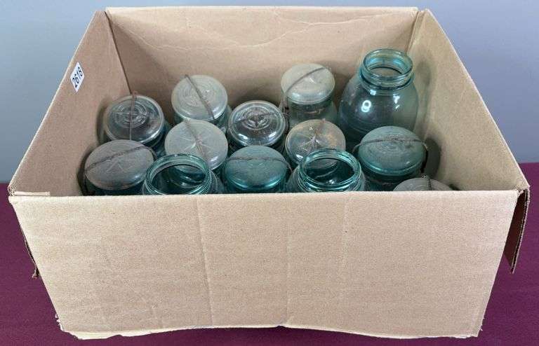 Atlas & Ball Quart Size Bail Wire Top & Misc. Blue Glass Mason Jars image