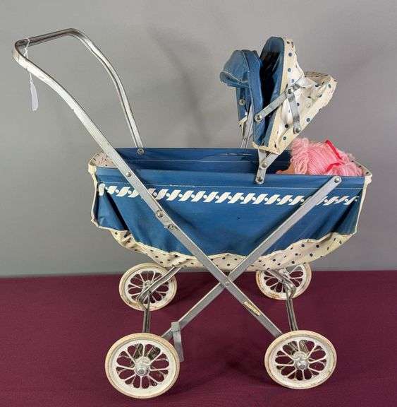 Vintage Metal Baby Doll Stroller & Baby Doll image