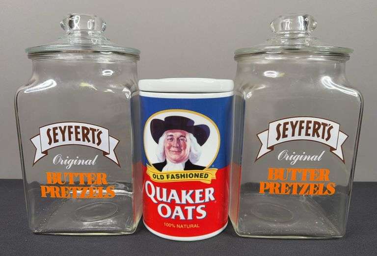 Seyferts Butter Pretzel Glass Jars & Quaker Oats Cookie Jar image