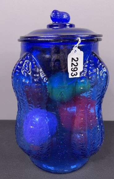 Kobalt Blue Planters Peanuts Glass Jar with Faux Fruit image