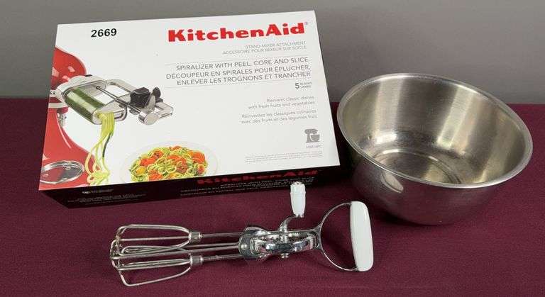 KitchenAid Stand Mixer Peeler/Spiralizer Attachment, Stainless Mixing Bowl & Hand Crank Mixer image