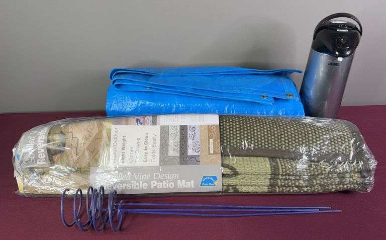 Reversible Camping/Patio Mat, Like New Tarp, & Misc. Outdoor Items image