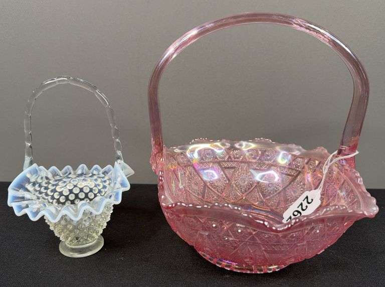 L.E. Smith Pink Glass Basket & Fenton Hobnail White Glass Basket image