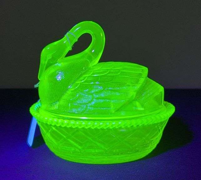 Uranium Carnival Glass Nesting Swan Candy Dish image