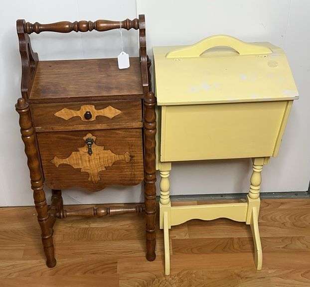 Pair of Turned Wooden Leg Sewing Cabinets With Cary Handles image