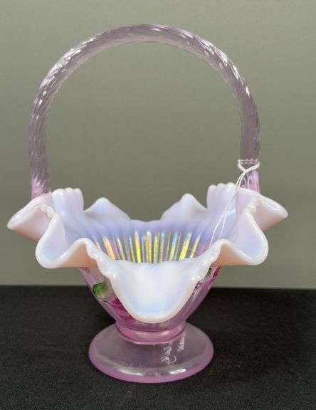 Fenton Pink Ruffled Art Glass Basket image