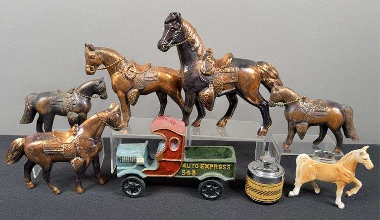 Horse Statue Decor, Cast Iron Truck, & Vintage Lighters image