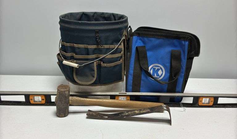Tool Bag Bucket Cover, Sledge Hammer, Pry Bar, Level, & Kobalt Bag