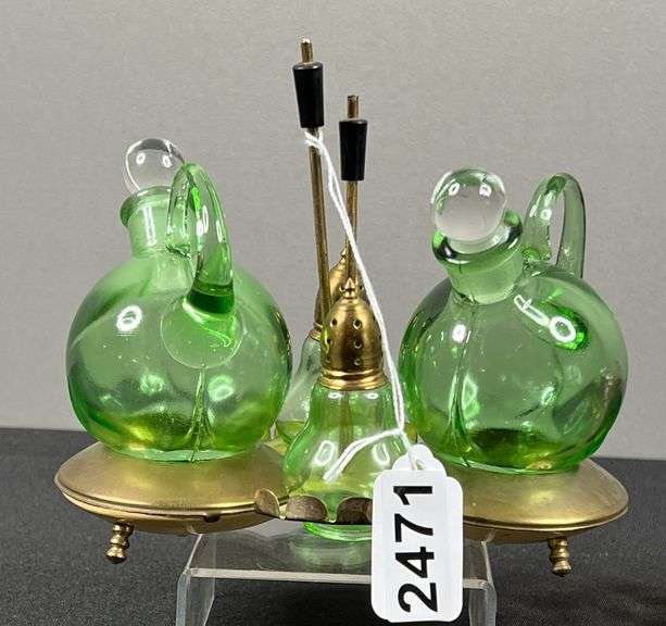 Pink Depression Cream Dish with Green Depression Decanter Set