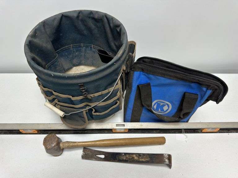 Tool Bag Bucket Cover, Sledge Hammer, Pry Bar, Level, & Kobalt Bag