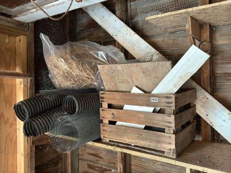 Wooden Crate, Chicken Wire, & Shelf Contents