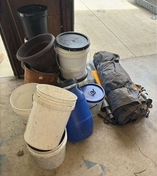 Assorted Buckets, Planters, Tarps, & Misc.