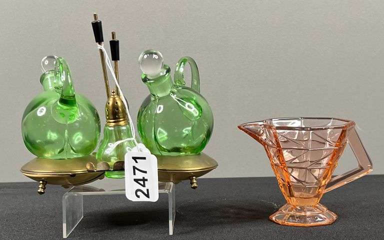 Pink Depression Cream Dish with Green Depression Decanter Set