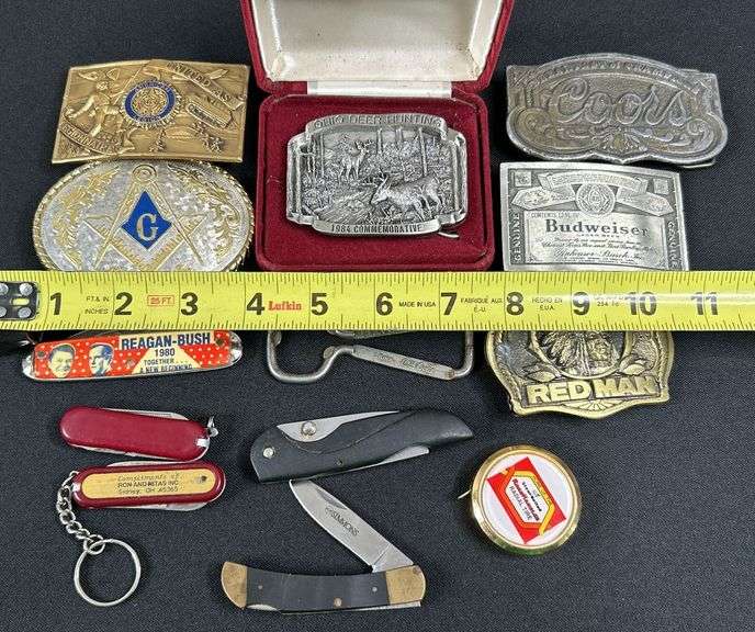 Assortment of Belt Buckles & Pocket Knives