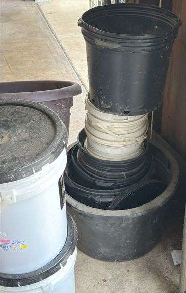 Assorted Buckets, Planters, Tarps, & Misc.