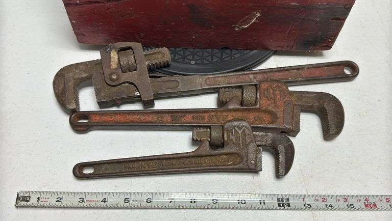 Trio of Pipe Wrenches & Wooden Tool Box