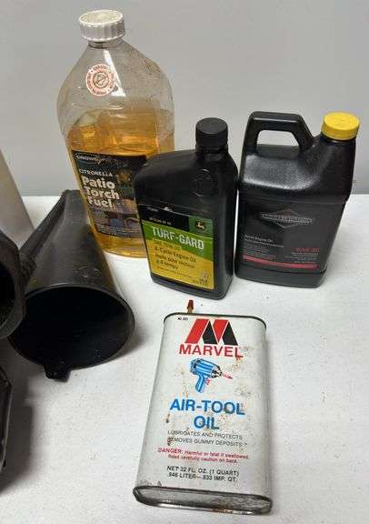 Misc. Funnels, Engine Oil & Assorted Garage Supplies