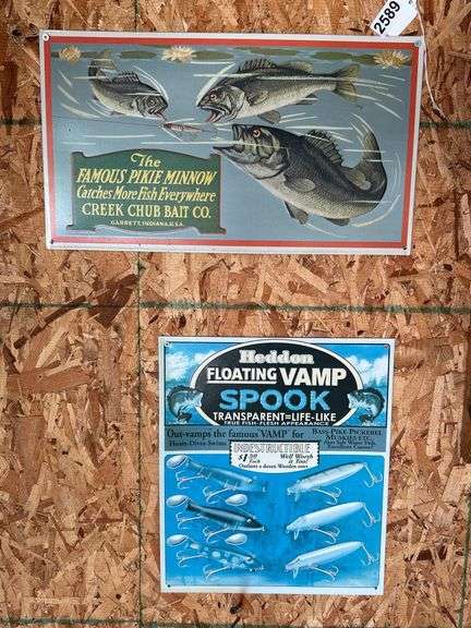 3 Tin Heddon & Creek Chub Fishing Signs