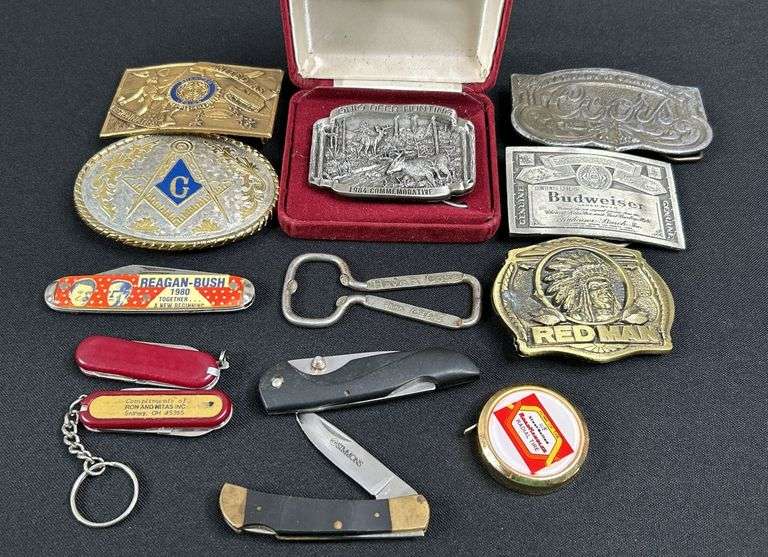Assortment of Belt Buckles & Pocket Knives