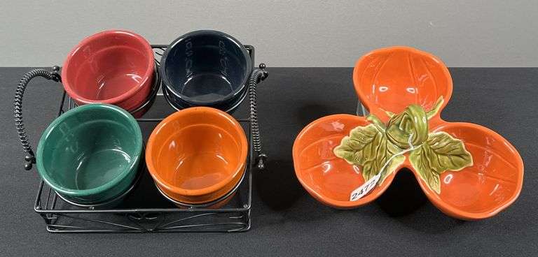 Pumpkin Candy Dish, Serving Tray w Colored Bowls