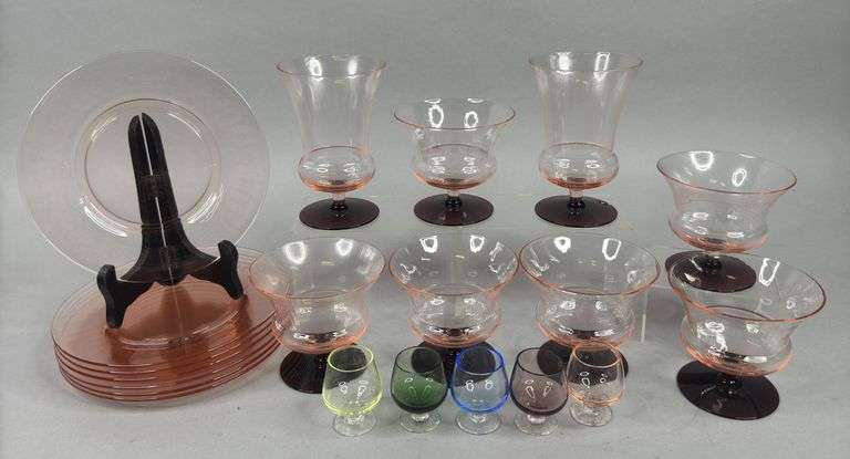 Pink Depression Glass & Assorted Glassware image