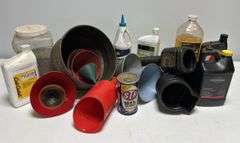 Misc. Funnels, Engine Oil & Assorted Garage Supplies