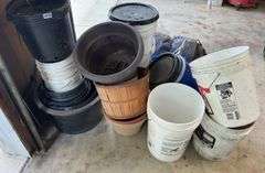Assorted Buckets, Planters, Tarps, & Misc.