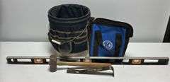 Tool Bag Bucket Cover, Sledge Hammer, Pry Bar, Level, & Kobalt Bag