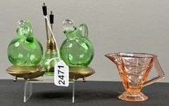 Pink Depression Cream Dish with Green Depression Decanter Set