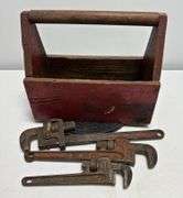 Trio of Pipe Wrenches & Wooden Tool Box