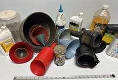 Misc. Funnels, Engine Oil & Assorted Garage Supplies