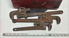 Trio of Pipe Wrenches & Wooden Tool Box