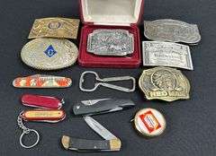 Assortment of Belt Buckles & Pocket Knives