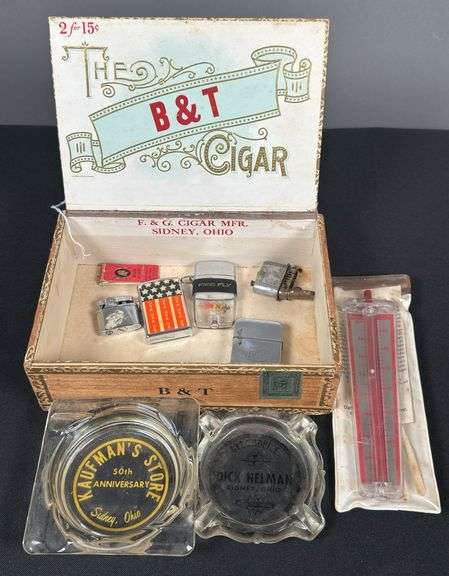 Cigar Box with Local Advertising Ash Trays & Lighters