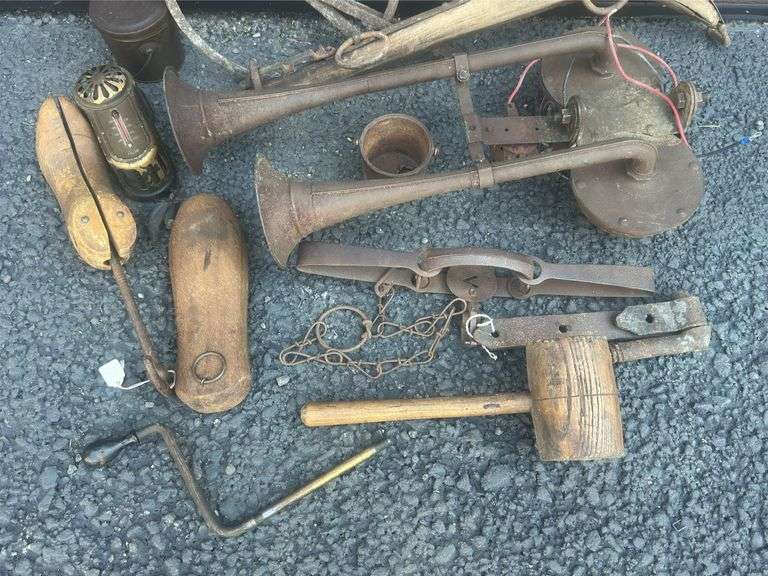 Vintage Train Horn, Foothold Trap, Wooden Mallet & Misc.