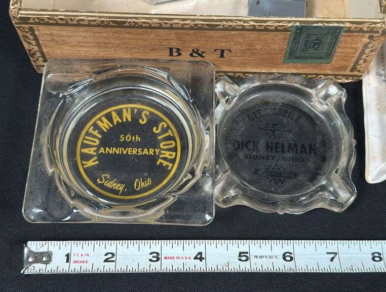 Cigar Box with Local Advertising Ash Trays & Lighters