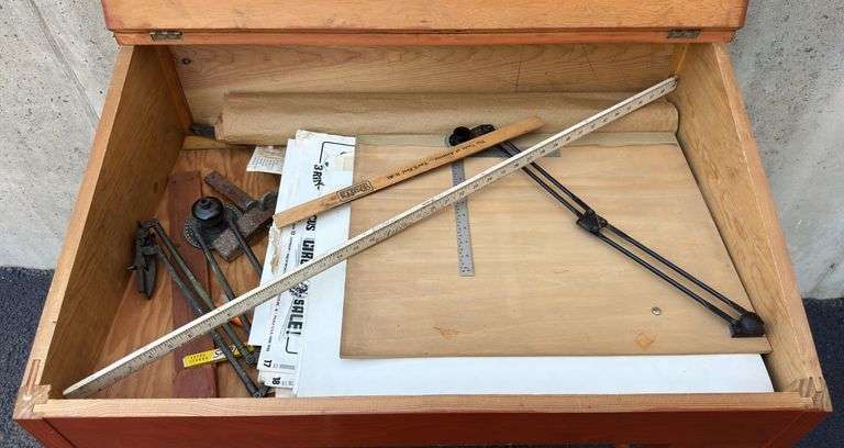 Wooden Slant Top Desk & Architect Drawing Supplies