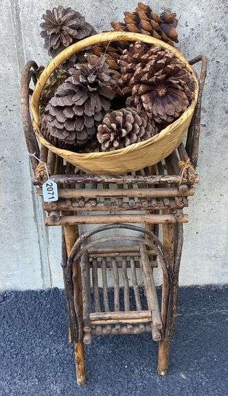 Twig Shelf, Weaved Basket, & Decorative Pine Cones